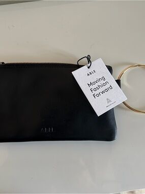 Able Black Leather Wristlet with Gold Hoop Handle